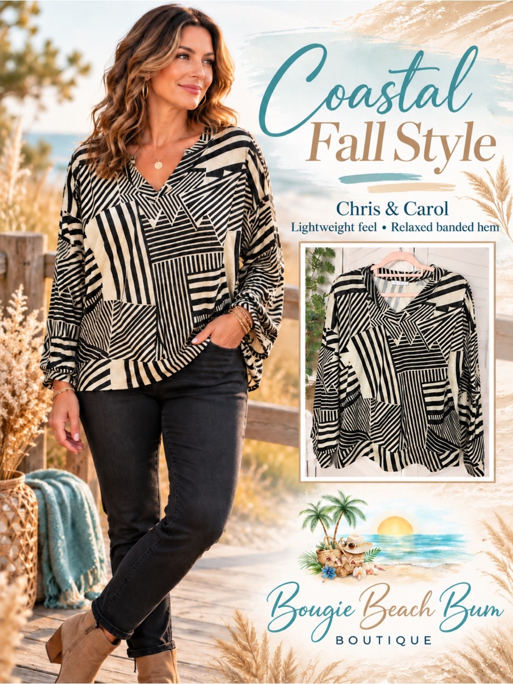 Chris & Carol Black and Cream Geometric V-Neck Tunic
